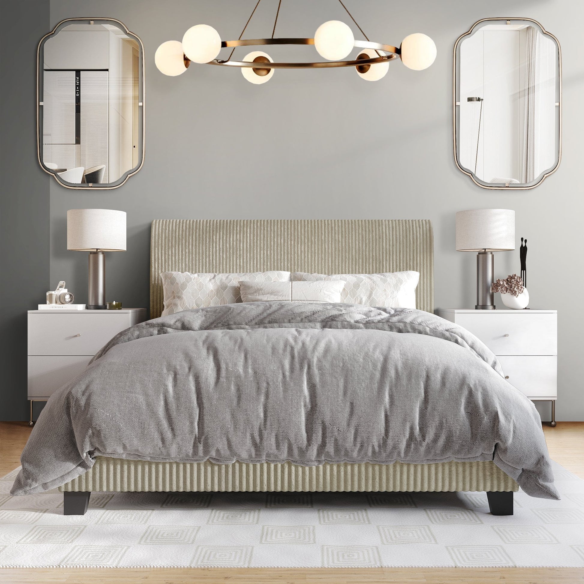 Castle Place Chic Corduroy Velvet Upholstered Full Bed, Beige