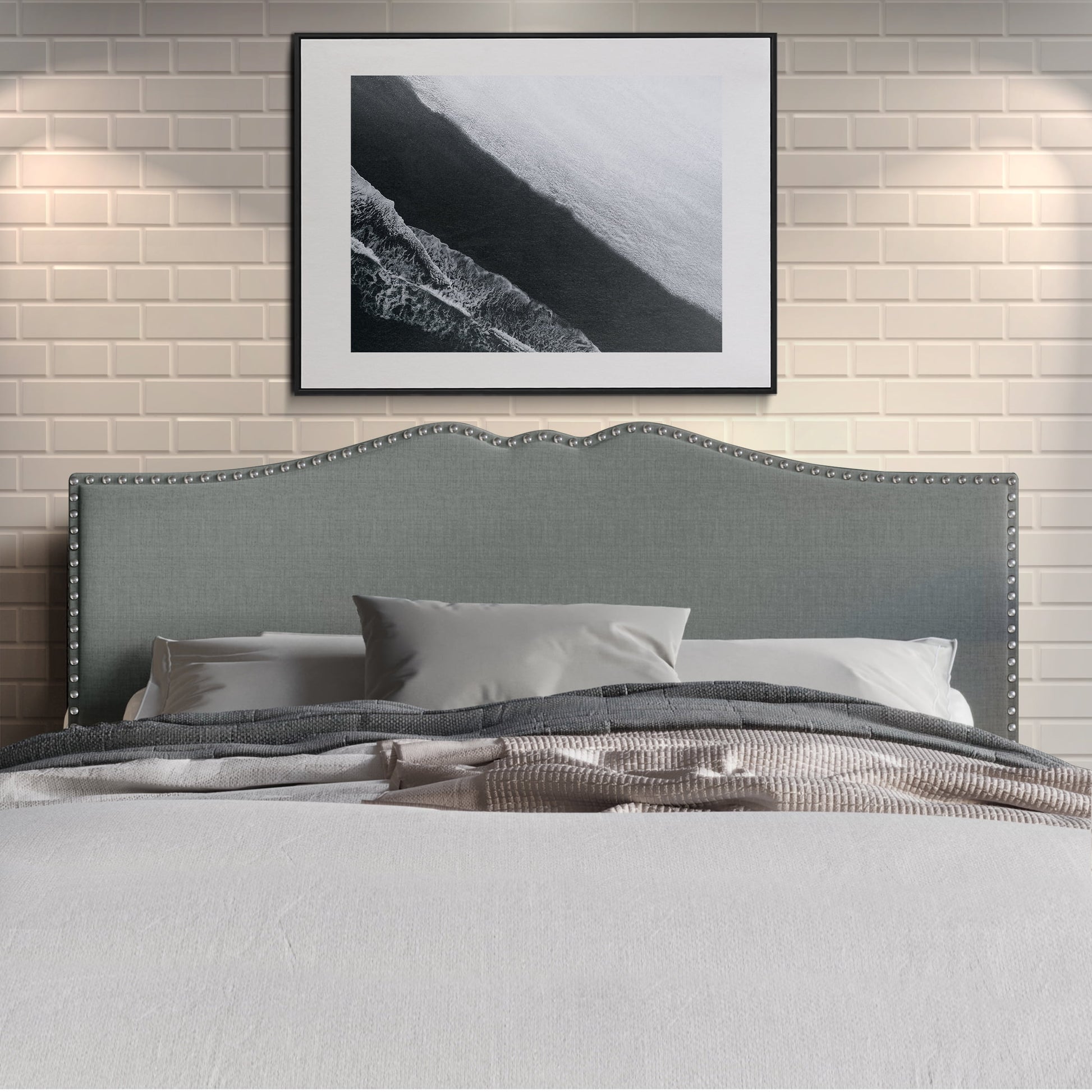 Castle Place Curved Upholstered Nailhead Trim Linen Headboard, Light Grey, Queen