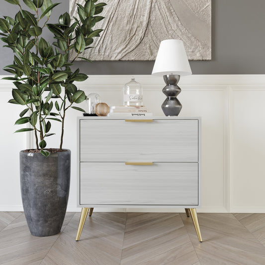 Castle Place Glam 2 Drawers Wooden Nightstand, Light Grey