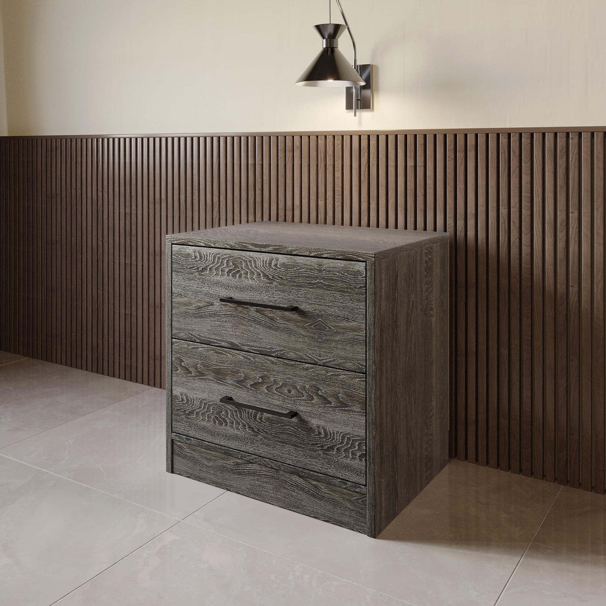 Castle Place Mesita de Noche Minimalista de 2 Cajones de Madera, Gris Oscuro