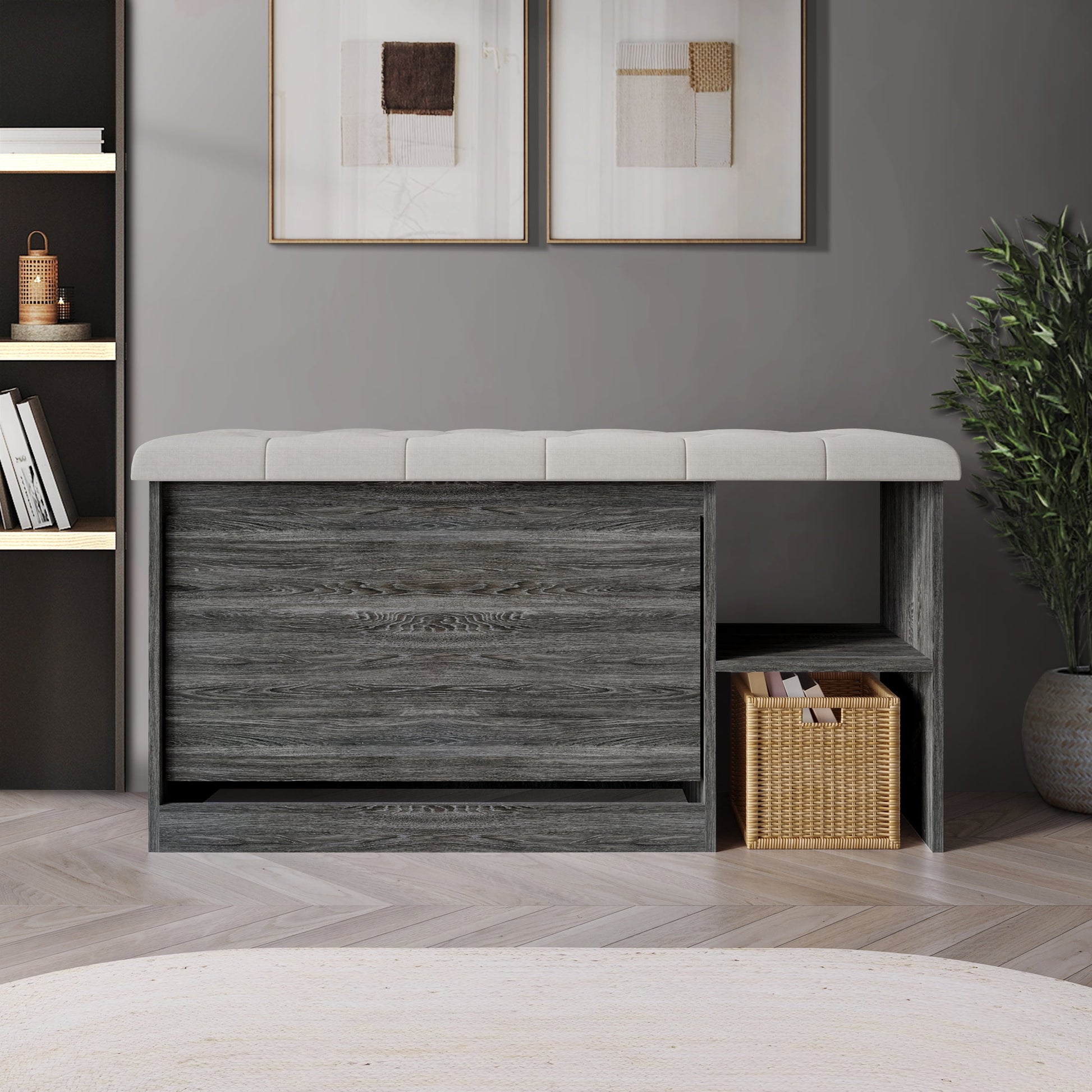 Castle Place Upholstered 41"L x 22" H Bench with Shoe Storage, Dark Grey