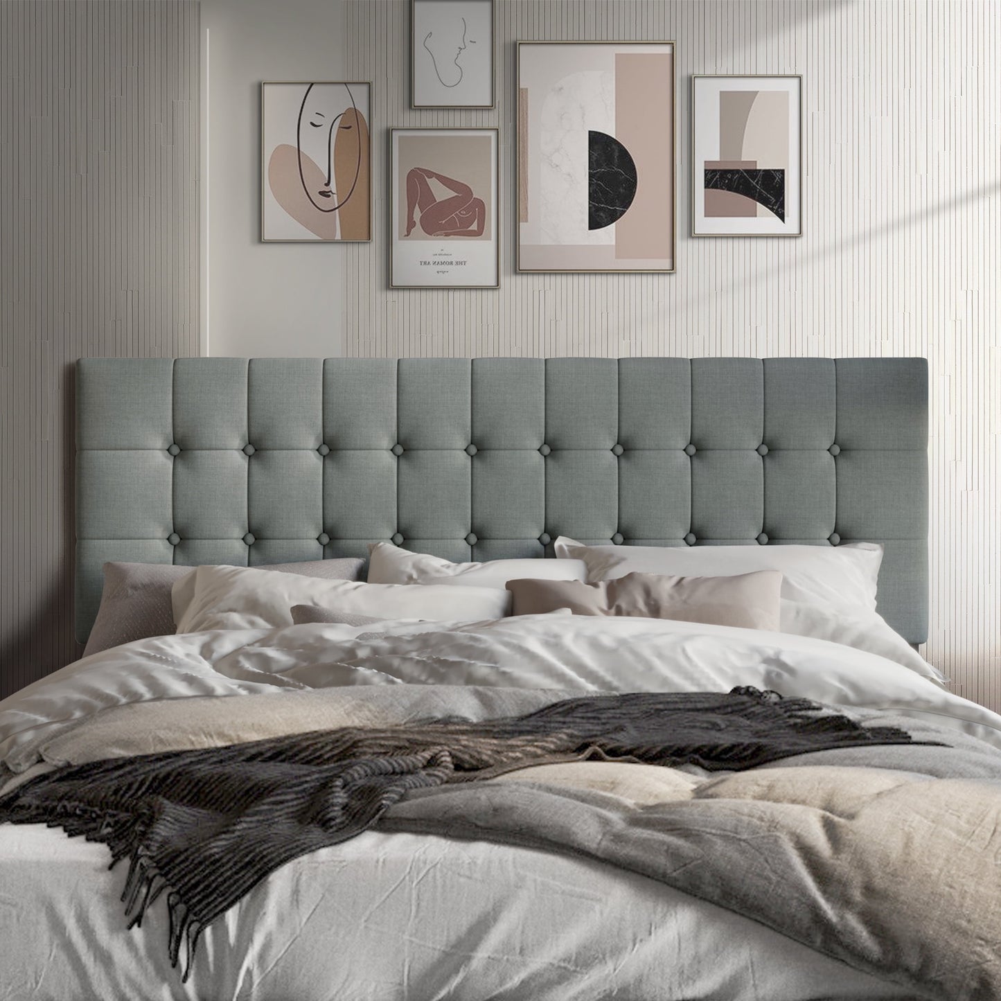 Castle Place Upholstered Button Tufted Linen Headboard, Light Grey, Full
