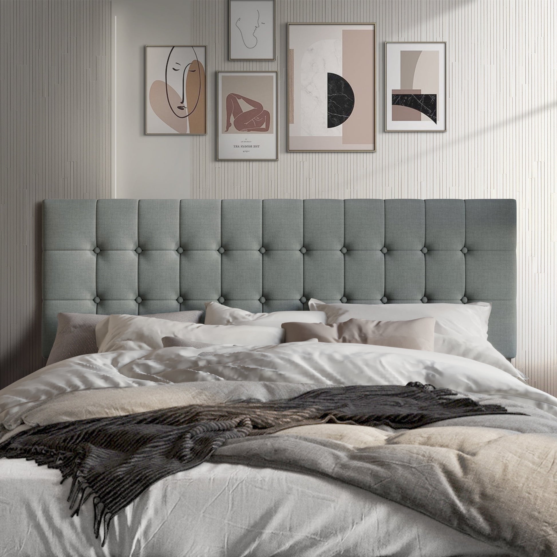 Castle Place Upholstered Button Tufted Linen Headboard, Light Grey, Full
