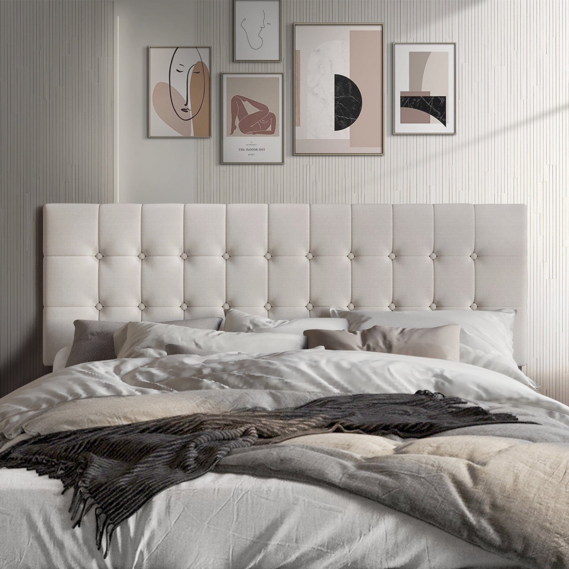 Castle Place Upholstered Button Tufted Linen Headboard, Warm Grey, Queen
