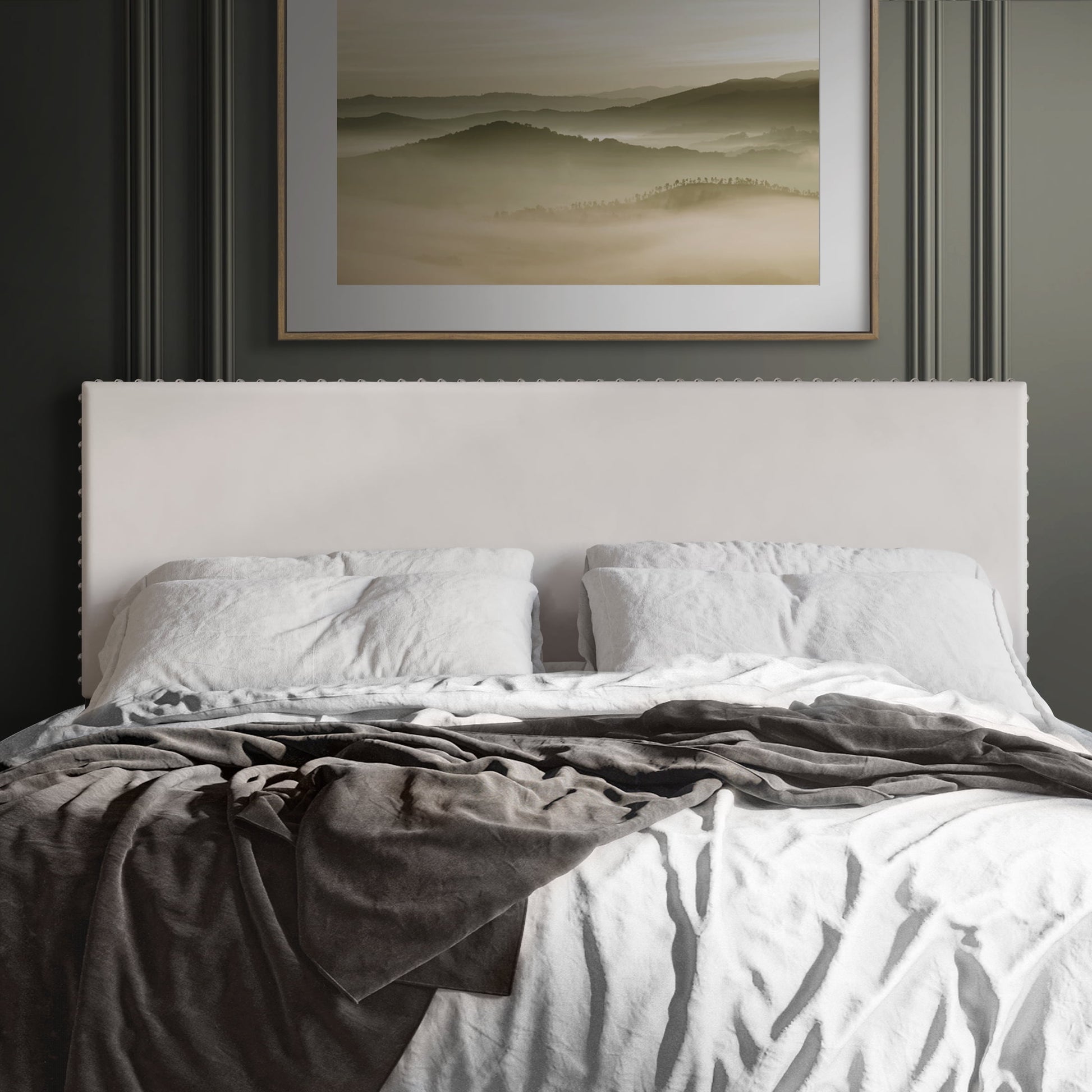 Castle Place Upholstered Nailhead Trim Velvet Headboard, Beige, Twin