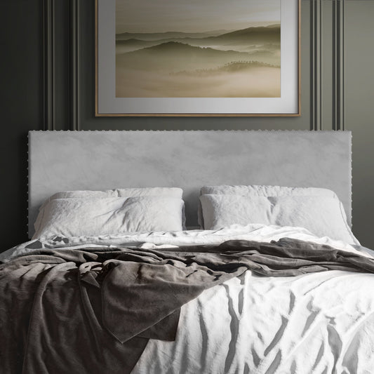 Castle Place Upholstered Nailhead Trim Velvet Headboard, Silver Grey, Queen