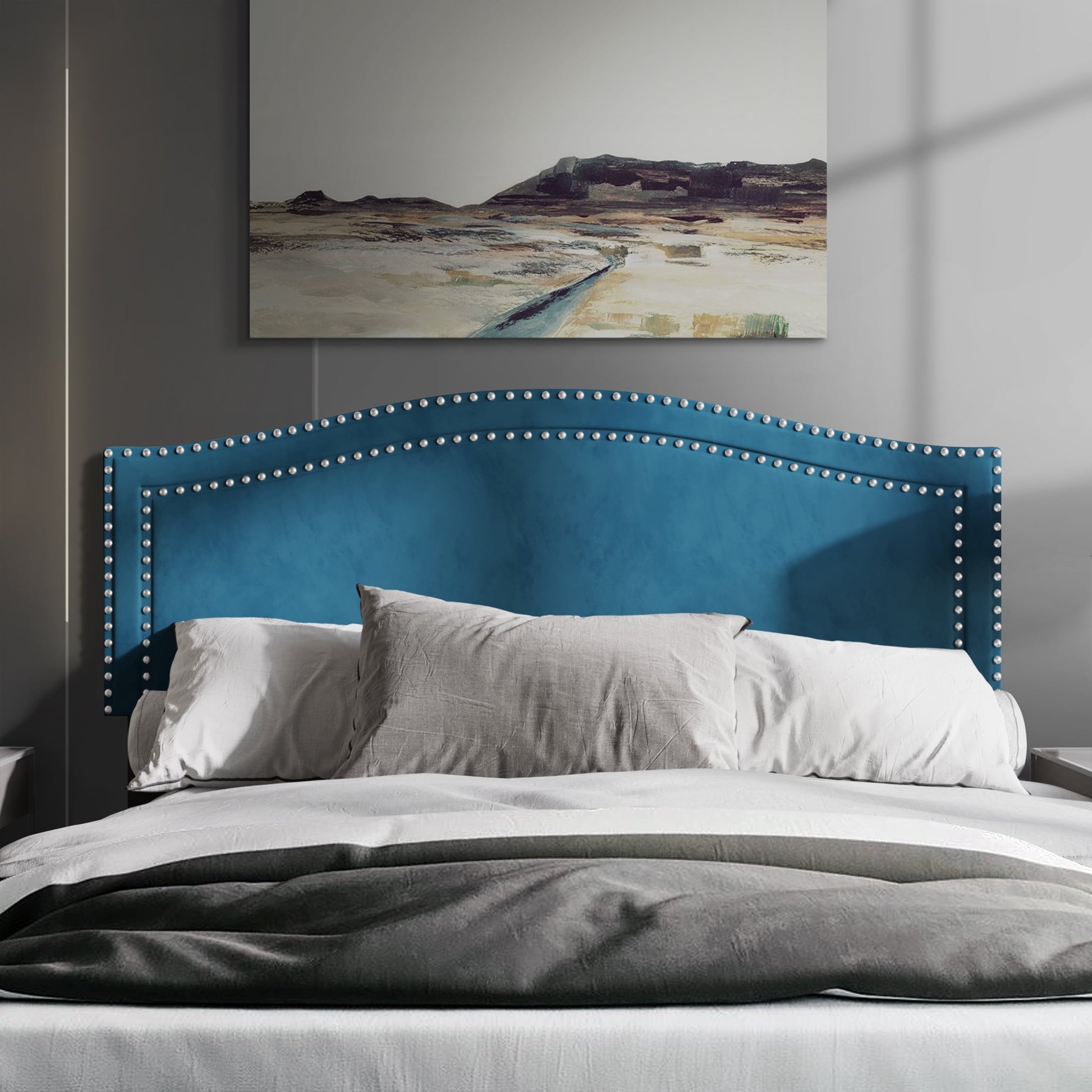 Castle Place Upholstered Nailhead Trimmed Headboard, Navy Blue Velvet, Queen