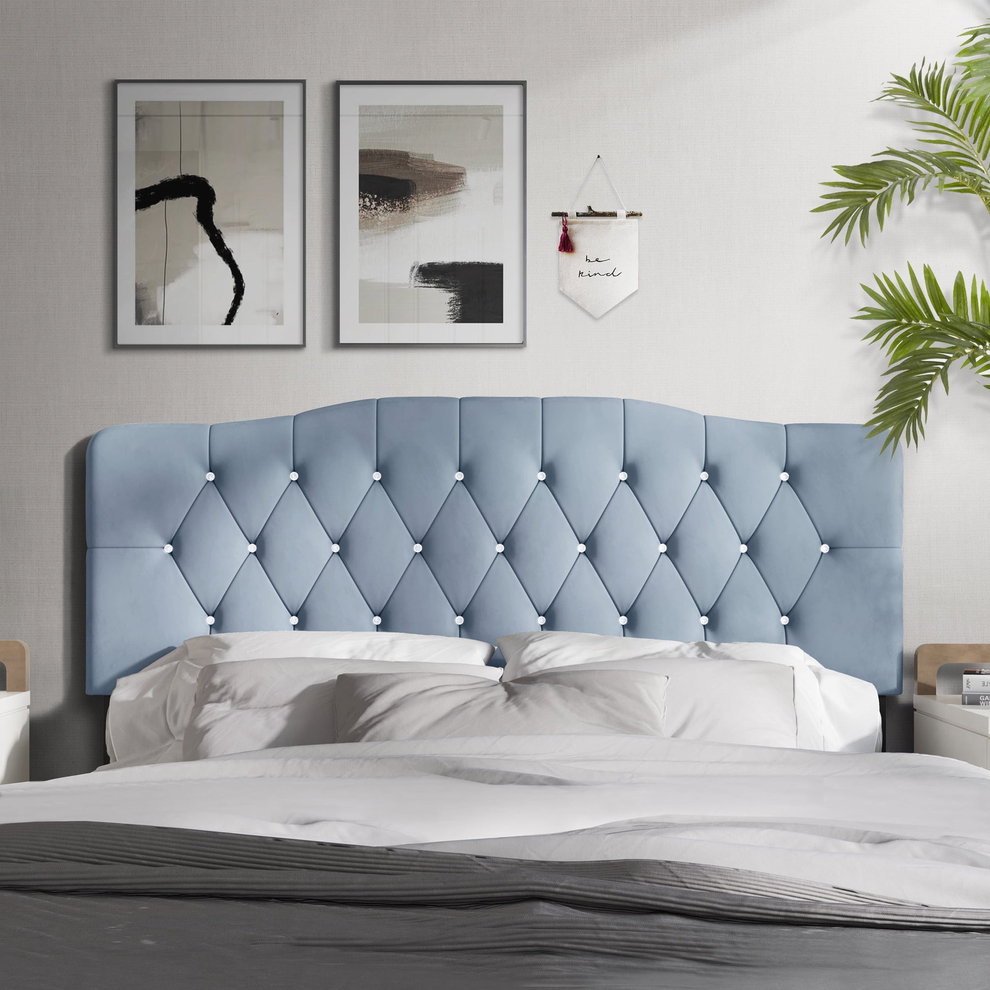 Castle Place Upholstered Tufted Headboard, Light Blue Velvet, Queen