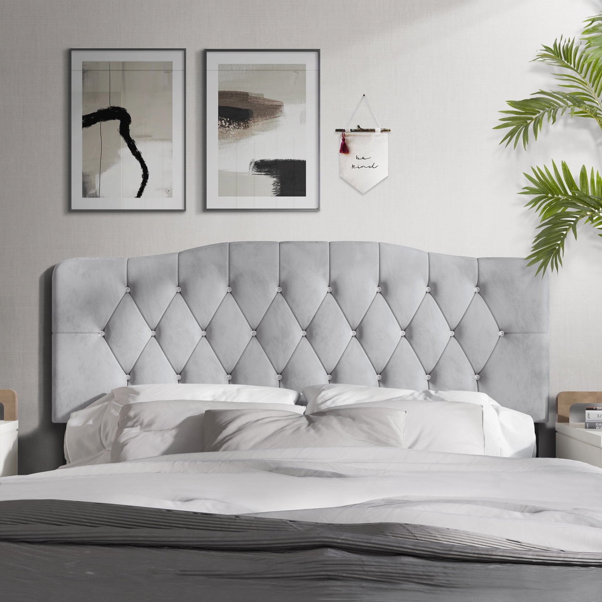 Castle Place Upholstered Tufted Headboard, Silver Grey Velvet, Queen