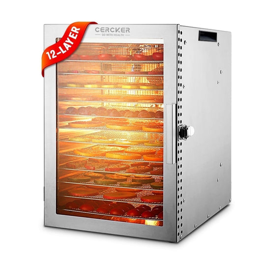 CERCKER Food-Dehydrator Machine 12 Stainless Steel Trays, 800W Food Dehydrator Jerky Maker with 24H Timer and 70?-190? Temperature Control