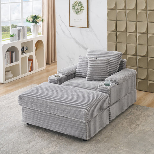 Chaise Lounge Chair,Corduroy Upholstered Sofa Bed with 3 Throw Pillows,Sleeper Reading Chair for Living Room,Bedroom,Gray