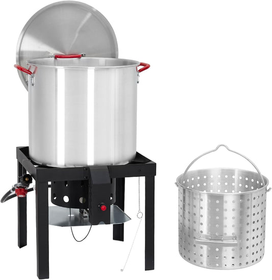 ChaoLink 100 Qt Seafood Boil Pot, ACONEE Aluminum Crawfish Boiling Kit with Steam/Boil Basket & Strainer, 110000 BTU Propane Jet Burner & Lifting Hook, 10 PSI Regulator