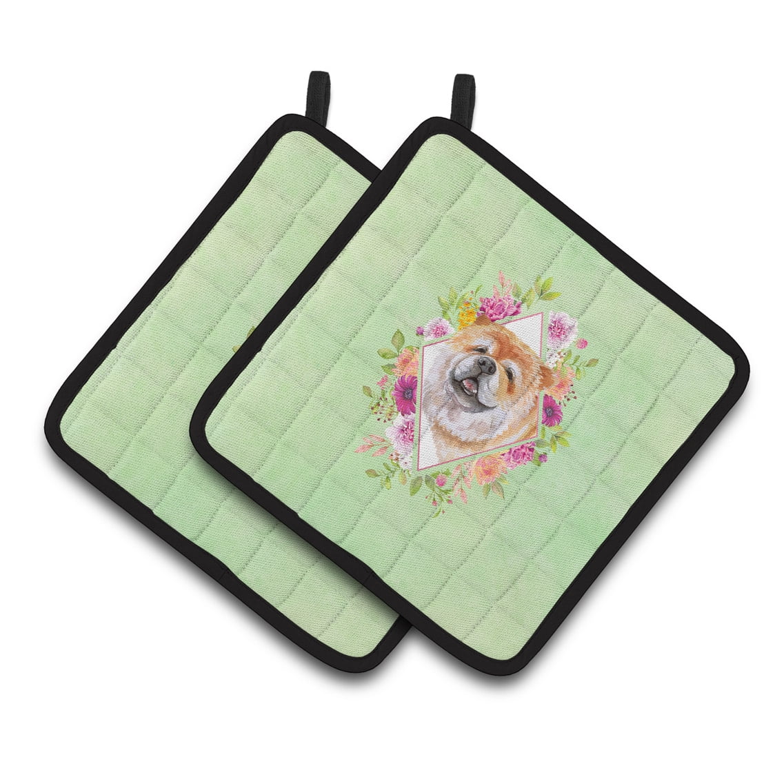 Chow Chow #2 Green Flowers Pair of Pot Holders
