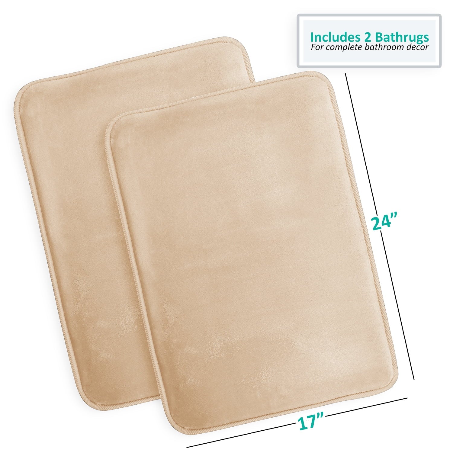 Clara Clark 2 Piece Memory Foam Bath Rug Set - 17x24 inch Bath Rugs, Beige