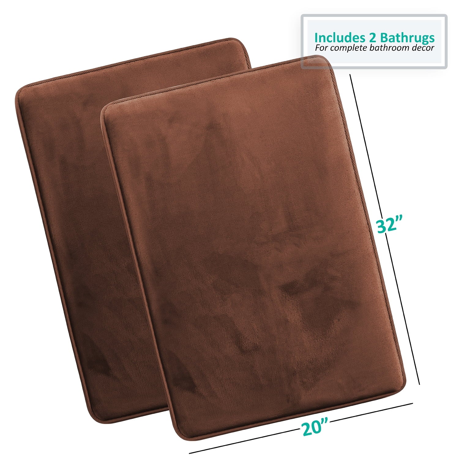 Clara Clark 2 Piece Premium Memory Foam Bathroom Mat Set, Set of 2 20x32 Inch Bath Rugs, Brown