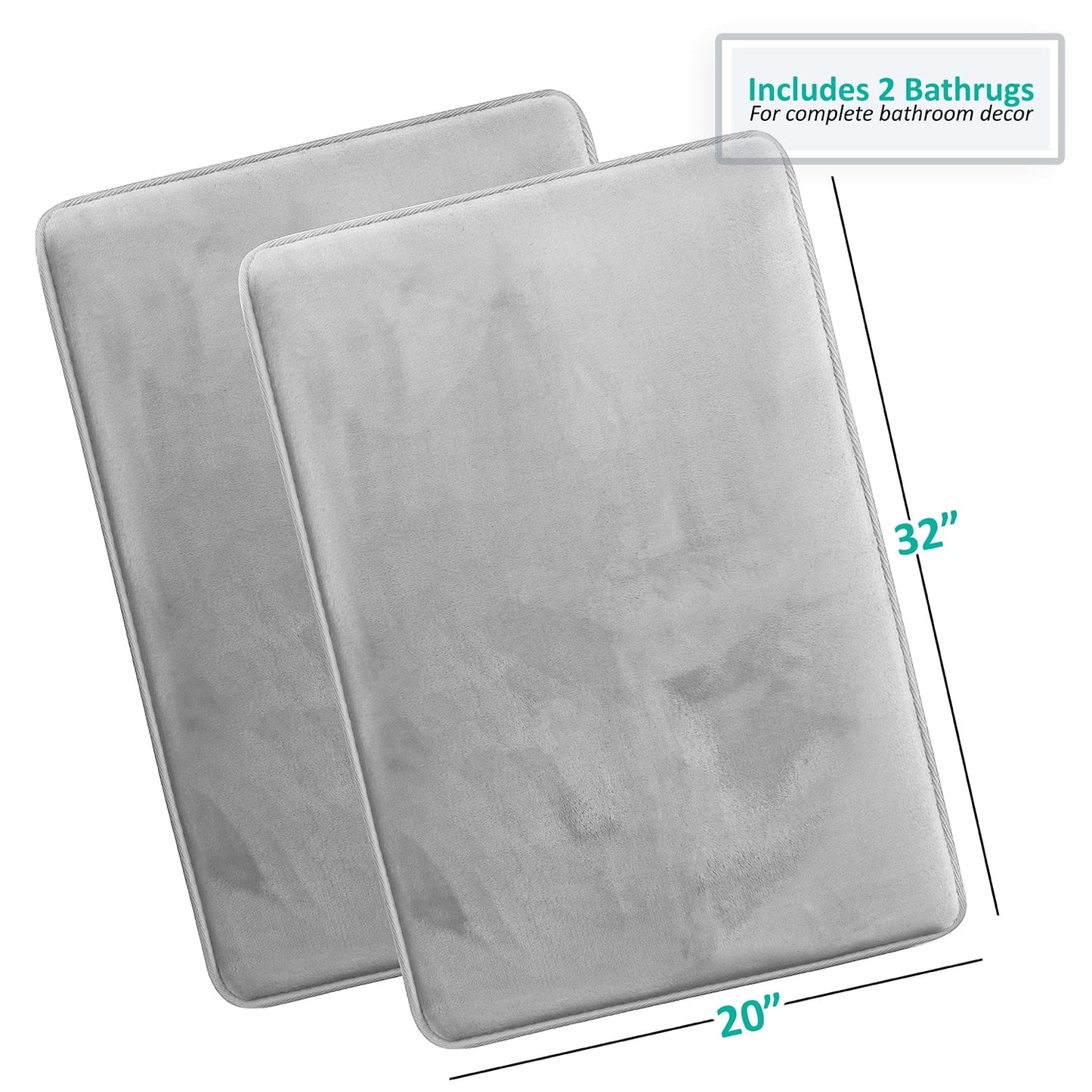 Clara Clark 2 Piece Premium Memory Foam Bathroom Mat Set, Set of 2 20x32 inch Bath Rugs, Silver