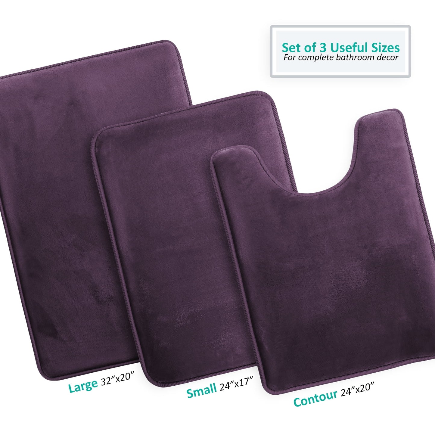Clara Clark Juego de 3 Piezas de Tapetes de BaÃ±o Premium de Memory Foam - Incluye 20x32, 17x24, Tapete de BaÃ±o Contorneada, Tapetes Absorbentes para el Piso, Berenjena
