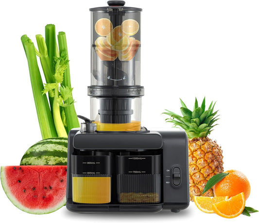 Cold Press Juicer, 5.3" Wide Feed Chute Easy to Clean Juicers w/Cleaning Brush & 2 Cups, 200W Power Motor Slow Masticating Juicer Machine w/High Juice Yield for Whole Vegetables & Fruits