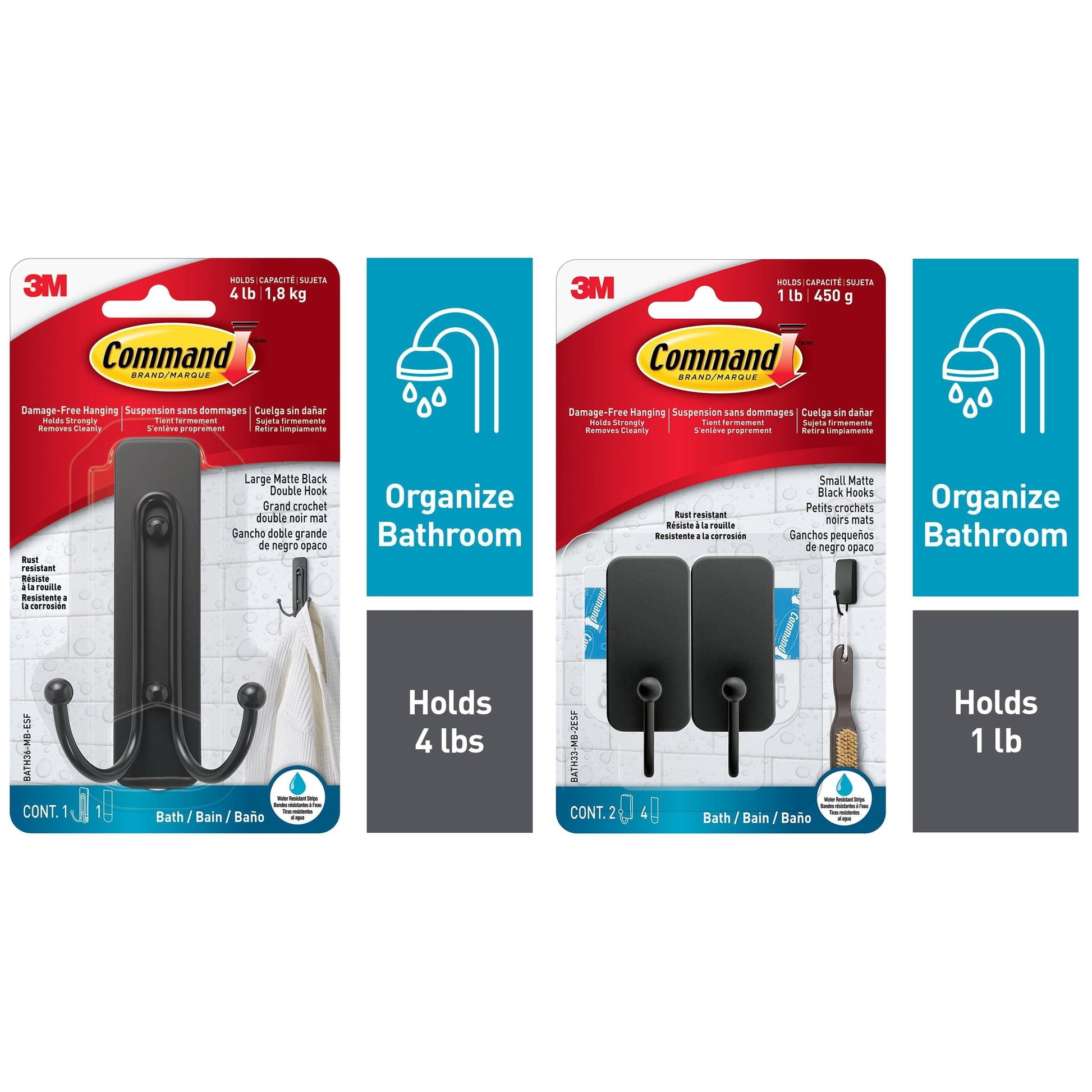 Command Bath Hook, Small, Matte Black, 2 Wall Hooks and Command Large Double Bathroom Wall Hook