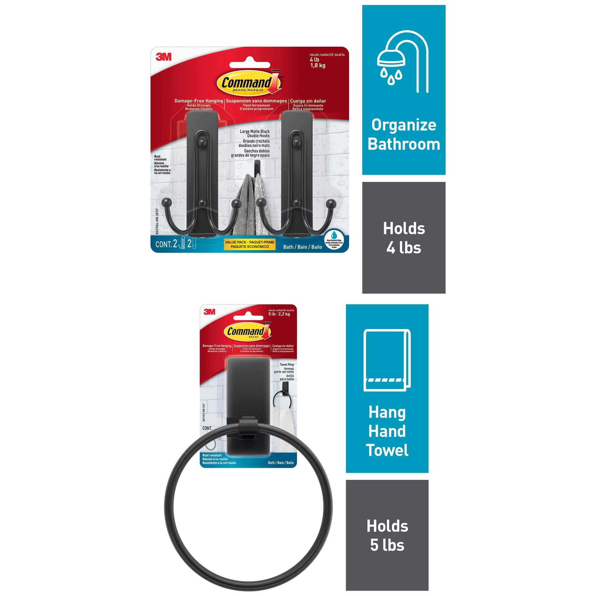 Command Bath Matte Black Towel Ring, 1 Towel Ring and Command Bath Large Matte Black Double Hooks, 2 Hooks