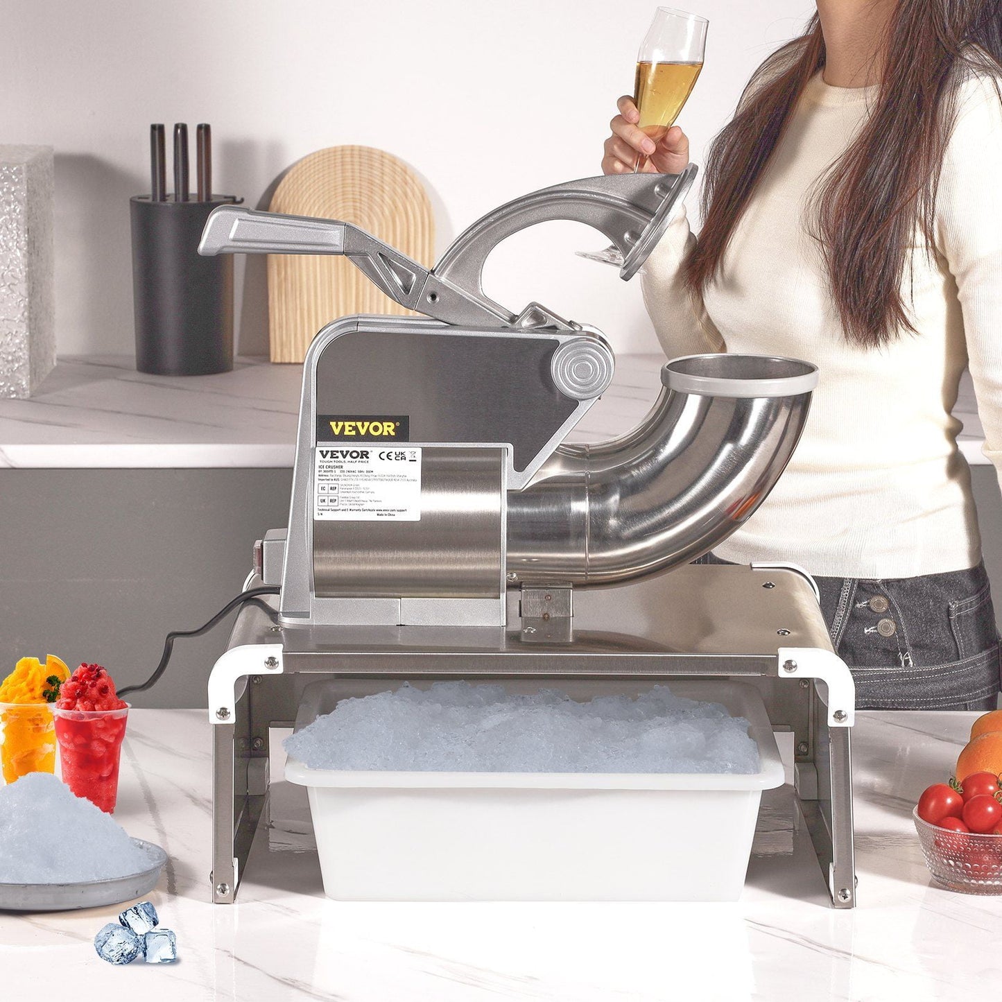 Commercial Electric Ice Crusher, 661lbs/Hour Stainless Steel Snow Cone Machine with 4 Blades, 300W Shaved Ice Maker for Home Use and Margaritas