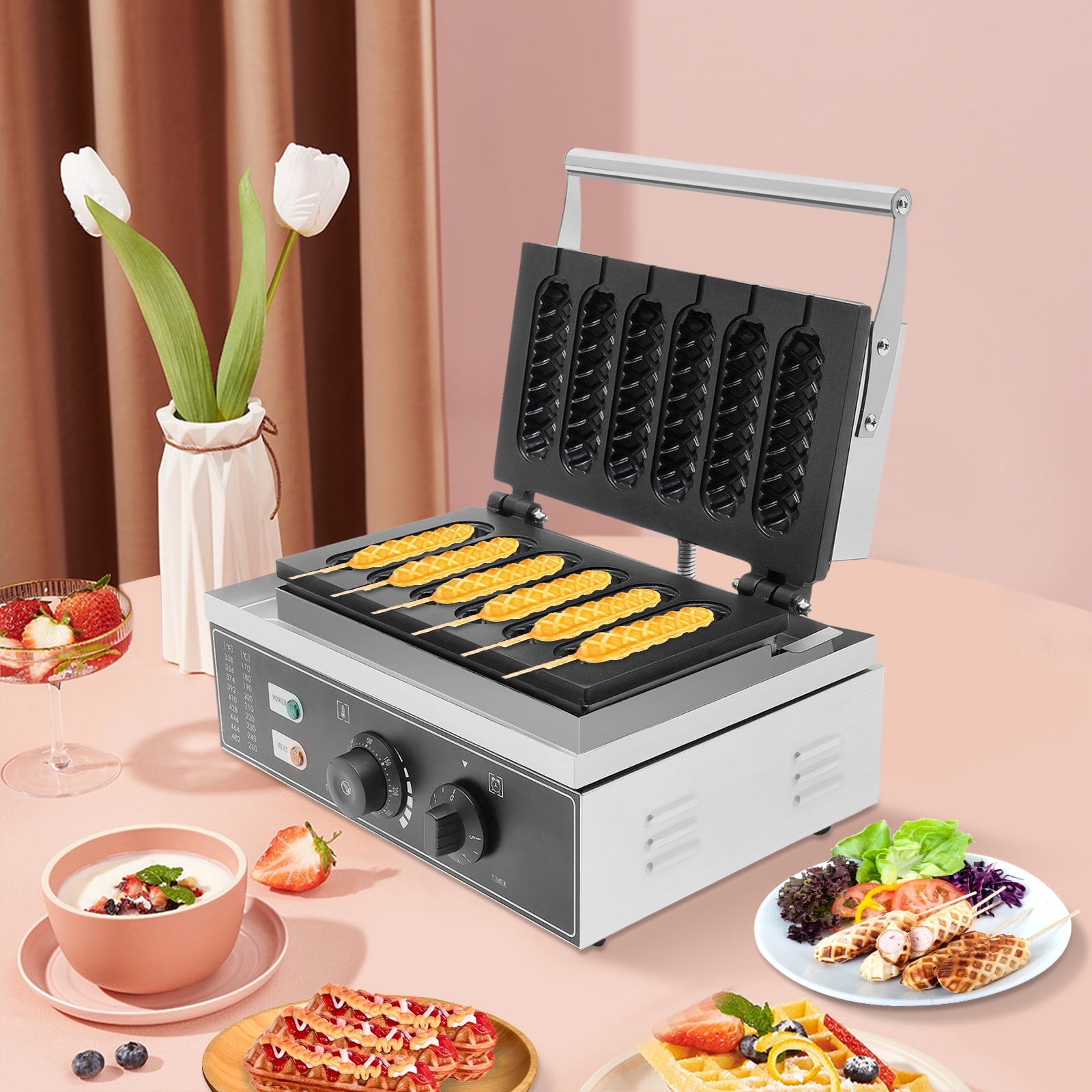 Commercial Electric Nonstick Waffle Maker, 6-Piece Waffle on a Stick Machine, 1500W, Fast 5-Minute Baking, Ideal for Home & Commercial Use