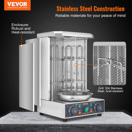 Commercial Electric Shawarma Grill, 13 lbs Doner Kebab Machine, 2-Burner Gyro Rotisserie for Home & Kitchen Use