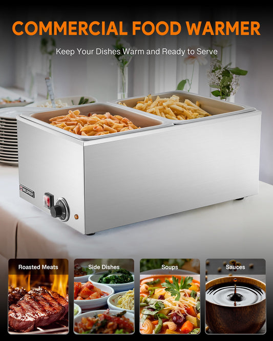 Commercial Food Warmer, 12 x 20 in Full Size Dual Well Electric Countertop Food Warmer with 2 Pans & Covers 1200W