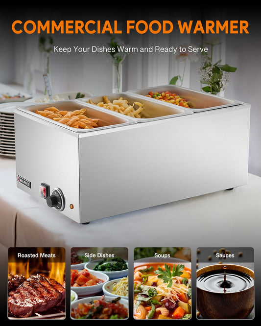 Commercial Food Warmer, 12 x 20 in Full Size Triple Well Electric Countertop Food Warmer with 3 Pans & Covers, 1200W