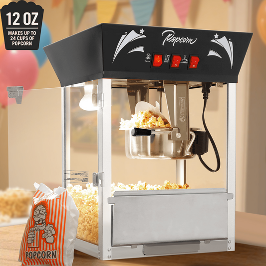 Commercial Popcorn Maker Machine, 12oz Kettle Stainless Steel Popcorn Machine with Tempered Glass, Warming Deck, 850W Countertop Popcorn Popper for Movie Theatre, Parties, Black