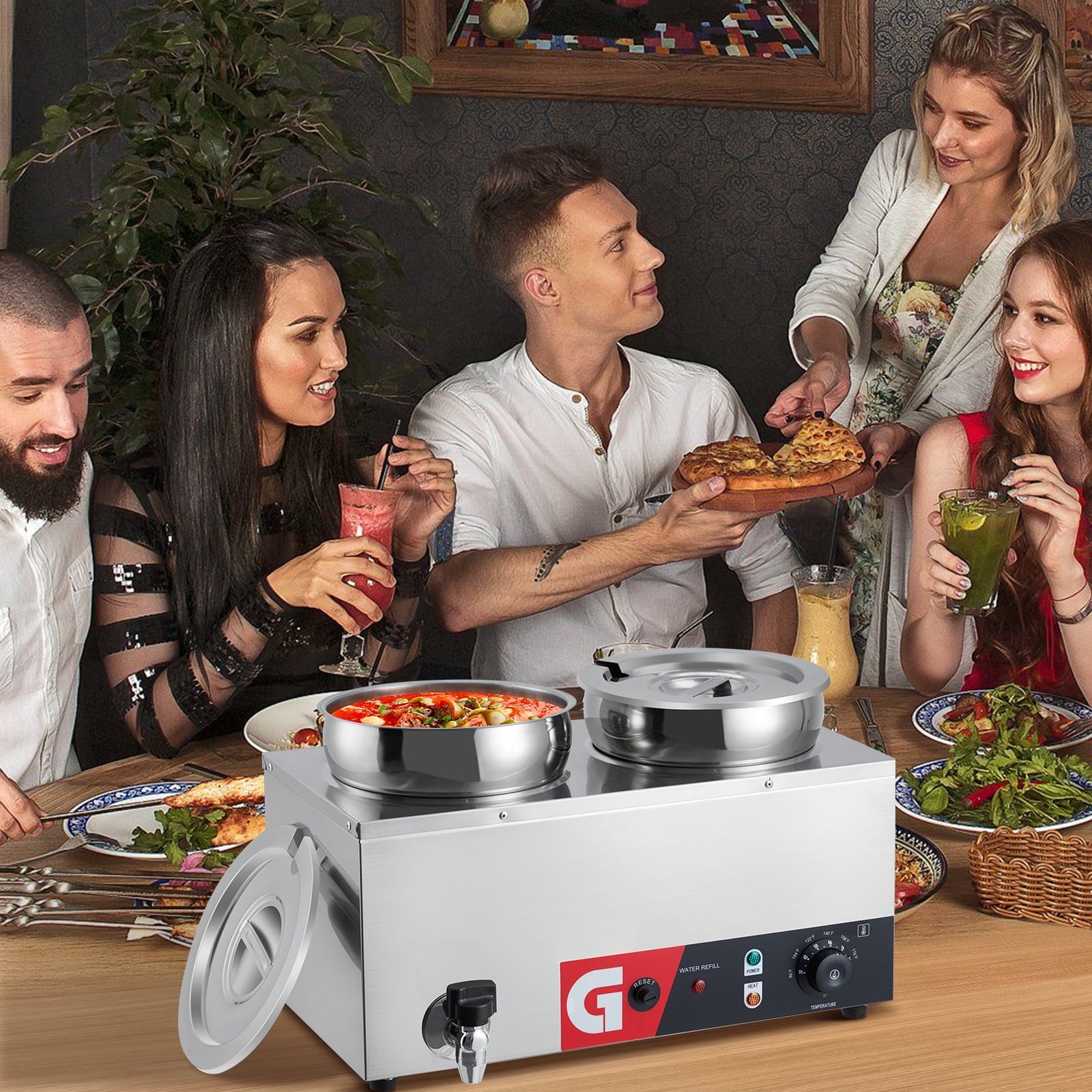 Commercial Soup Warmer 2x7.4QT, Stainless Steel Buffet Bain Marie with Anti-Dry Burn & Reset Button,Adjustable Temp,500W