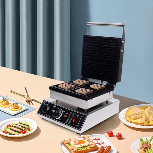 Commercial Square Waffle Maker, 4 Pieces Electric Waffle Machine, 110V 1750W Stainless Steel Belgian Waffle Baking Machine,Nonstick, Temperature And Time Control 50~300?