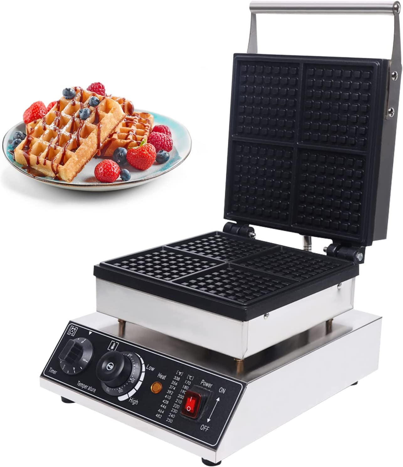Commercial Waffle Maker,4 Pieces Nonstick Electric Waffle Maker Stainless Steel 110V Temperature and Time Control Belgian Waffle Maker for Bakery,Restaurant,Snack Bar or Home