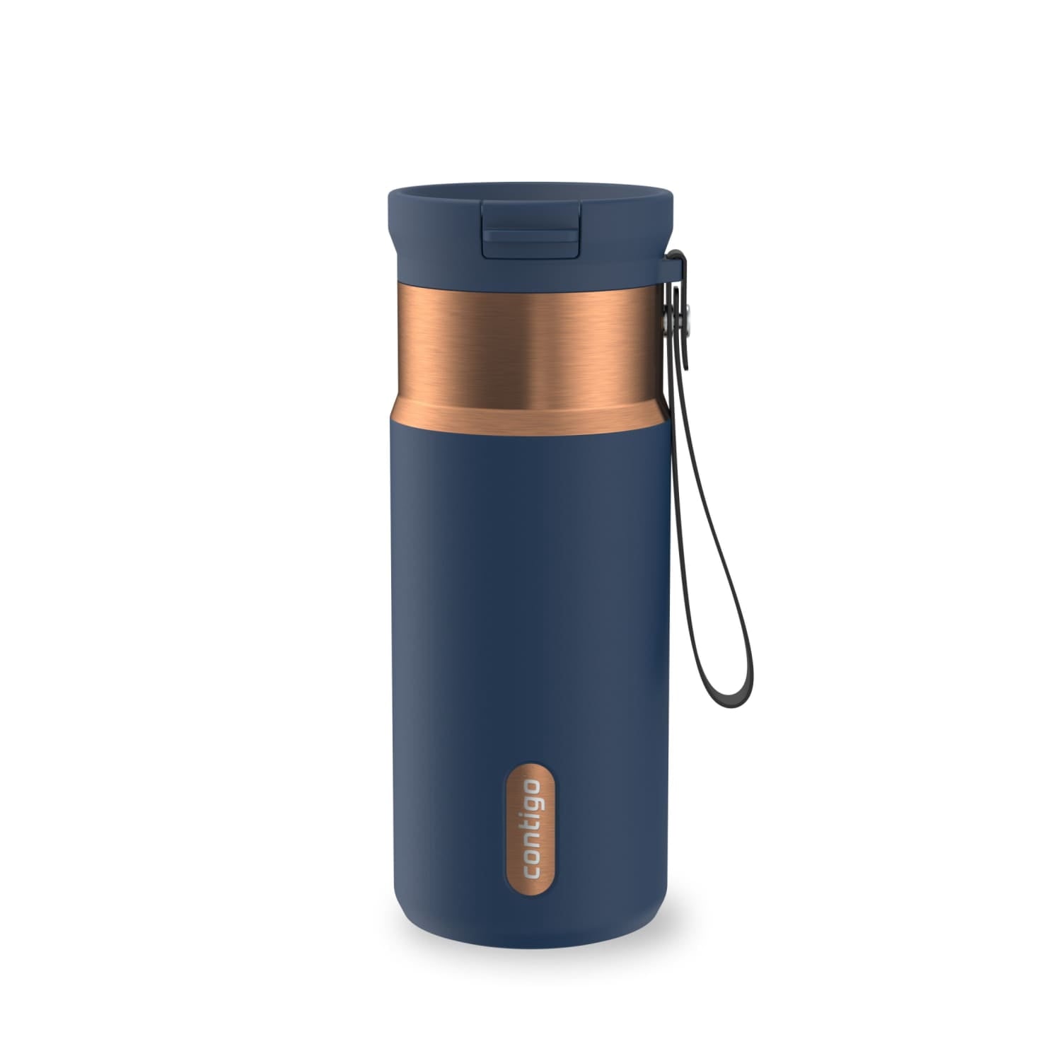 Contigo SnapSeal Leakproof Stainless Steel Reusable Water Bottle with Carrying Strap, Dark Blue/Bronze, 16 oz