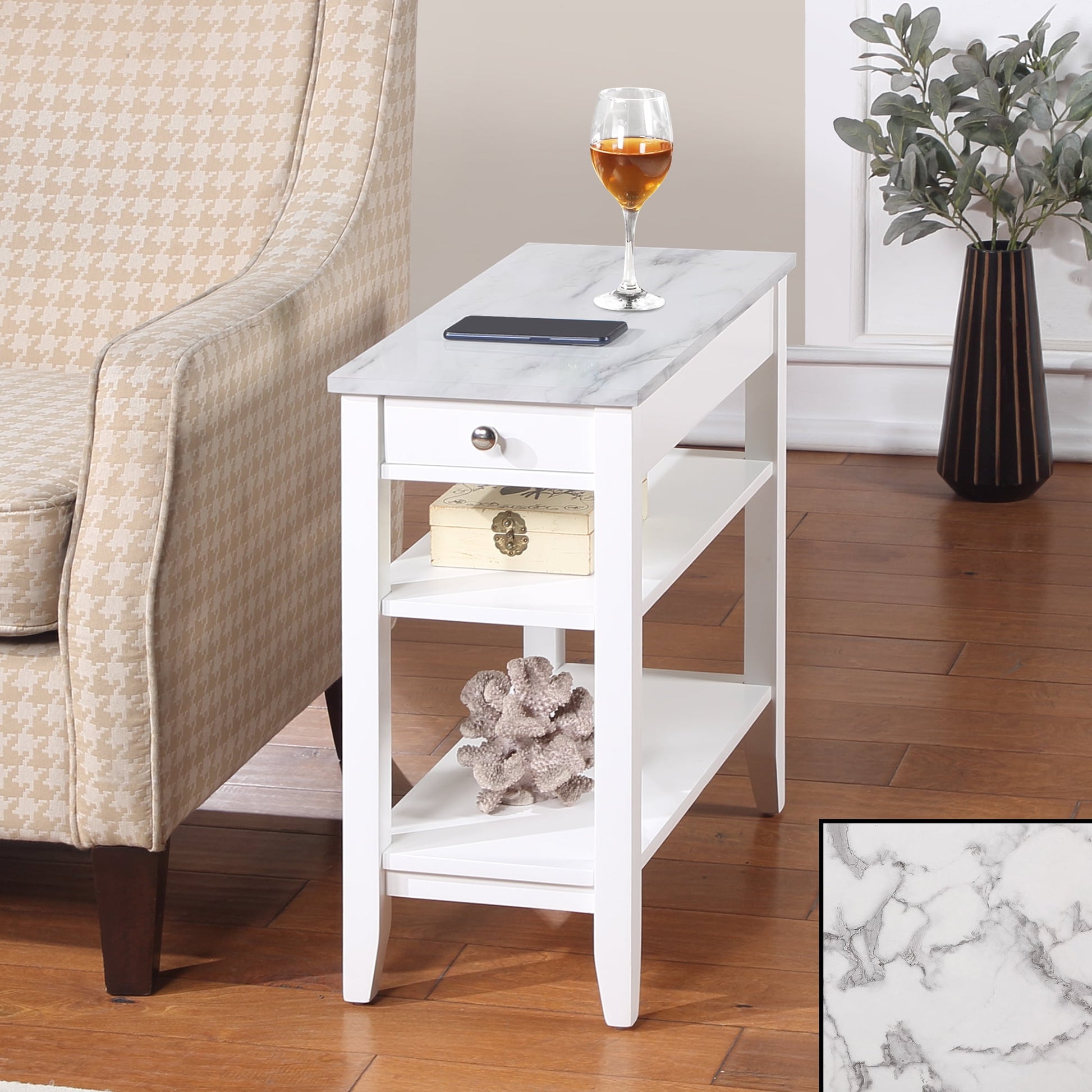 Convenience Concepts American Heritage 1 Drawer Chairside End Table with Shelves, White Faux Marble/White