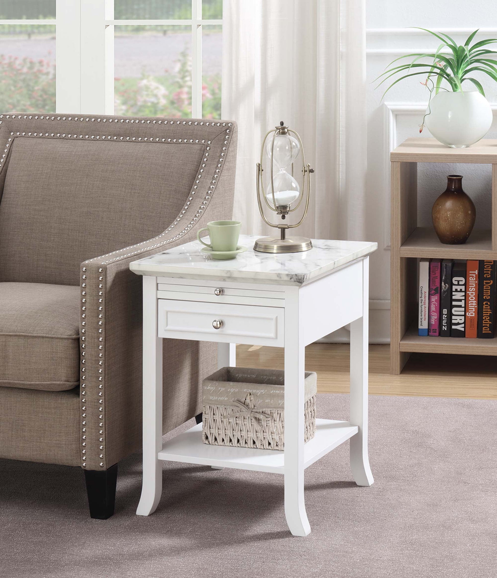 Convenience Concepts American Heritage Logan 1 Drawer End Table with Pull-Out Shelf, White Faux Marble/White