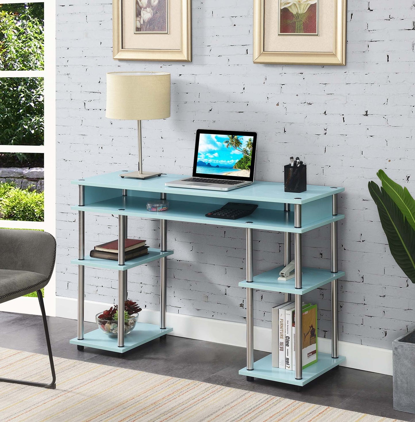 Convenience Concepts Designs2Go Escritorio para Estudiante de 30" de Alto sin Herramientas con Repisas, Azul Espuma de Mar, Todas las Edades