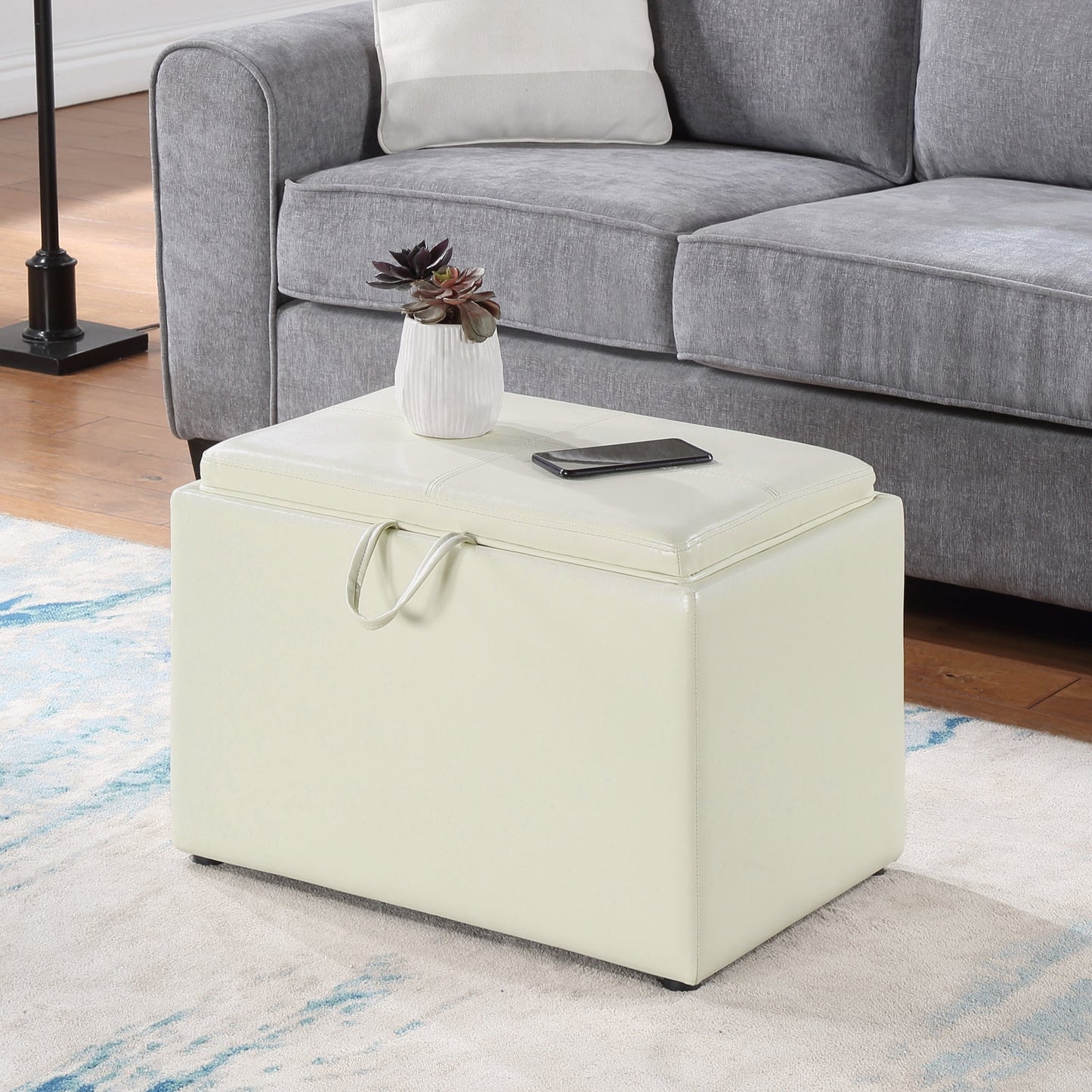 Convenience Concepts Designs4Comfort Accent Storage Ottoman with Reversible Tray, Ivory Faux Leather