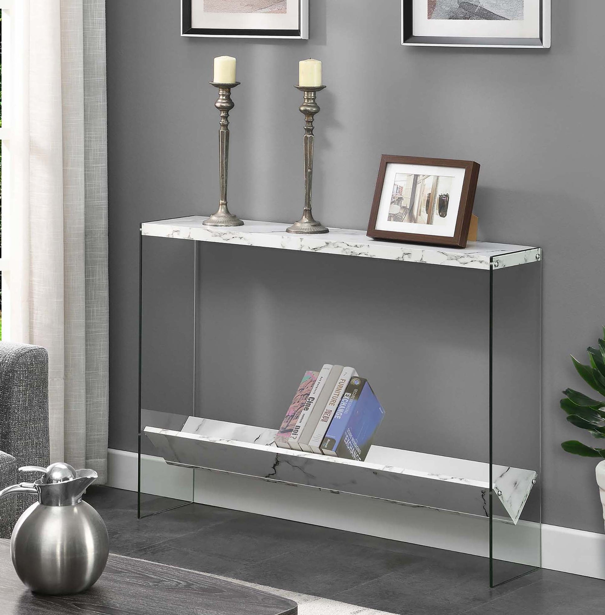 Convenience Concepts SoHo Glass V Console Table with Shelf, White Faux Marble/Glass