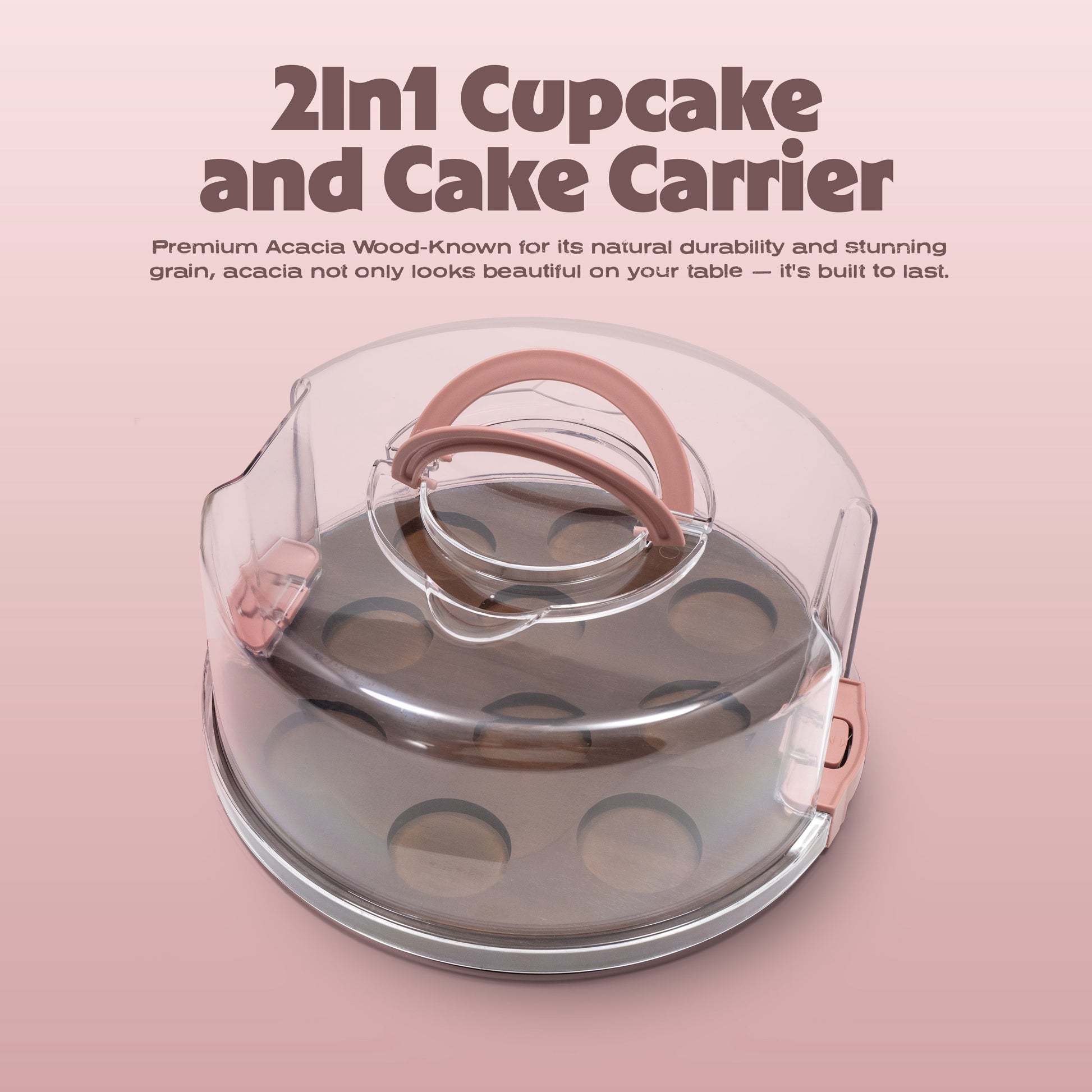Cook with Color 12-Cupcake Reversible Dark Walnut Wood Rectangular Cake Carrier with Clear Locking Lid