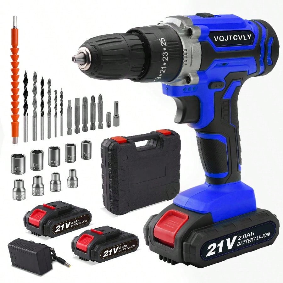 Cordless Drill, 21V Power Drill Set With 2 2Ah Battery, Powerful Torque Of Up To 40N.M, 25+1 Position Electric Drill, 2-Speed Transmission For Screwdriving And Drilling, Yellow