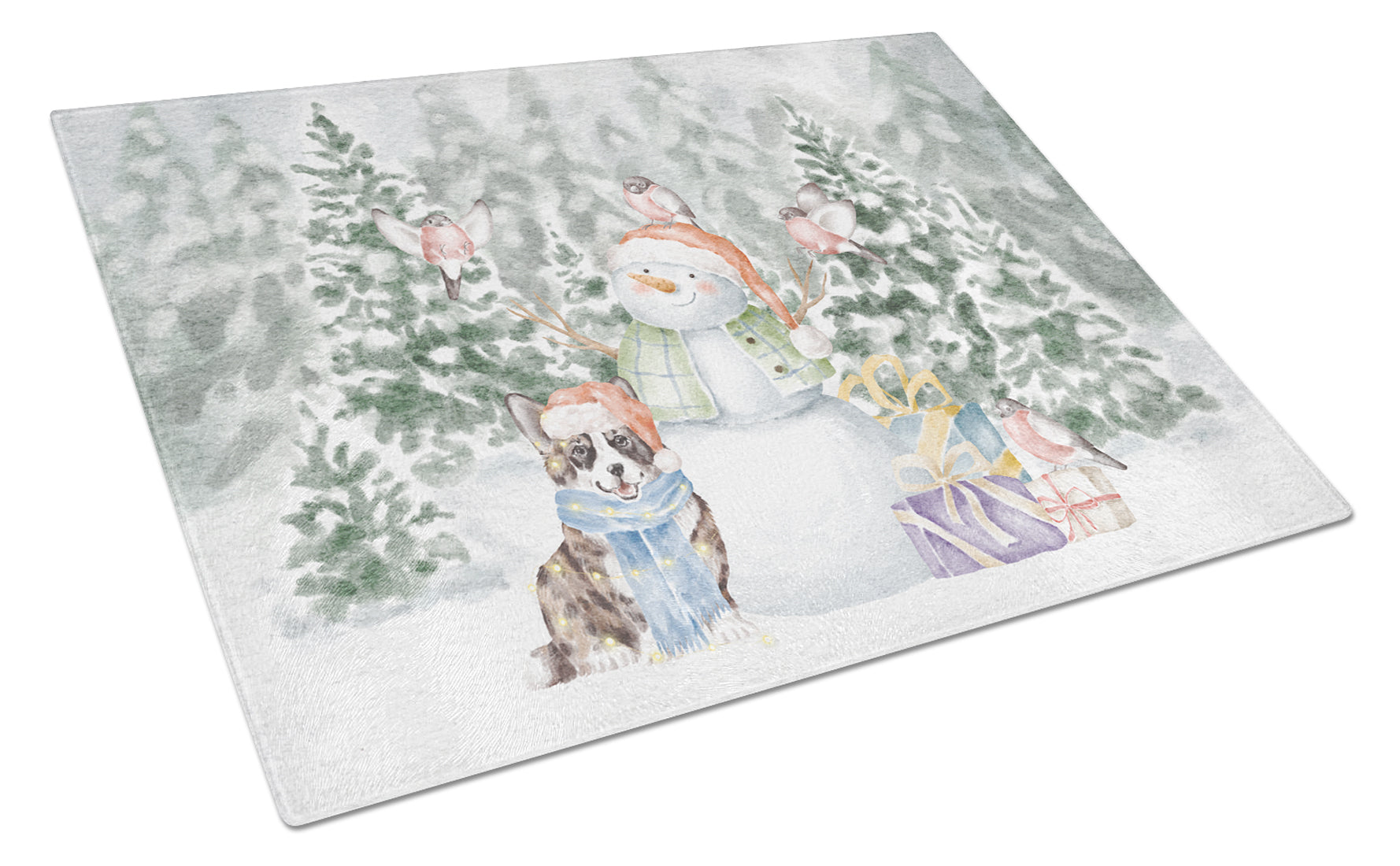 Corgi Blue Merle and Tan Points with Christmas Presents Glass Cutting Board Large 12 in x 15 in