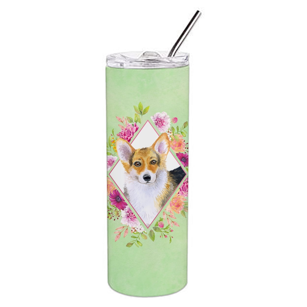 Corgi Green Flowers Double Walled Stainless Steel 20 oz Skinny Tumbler