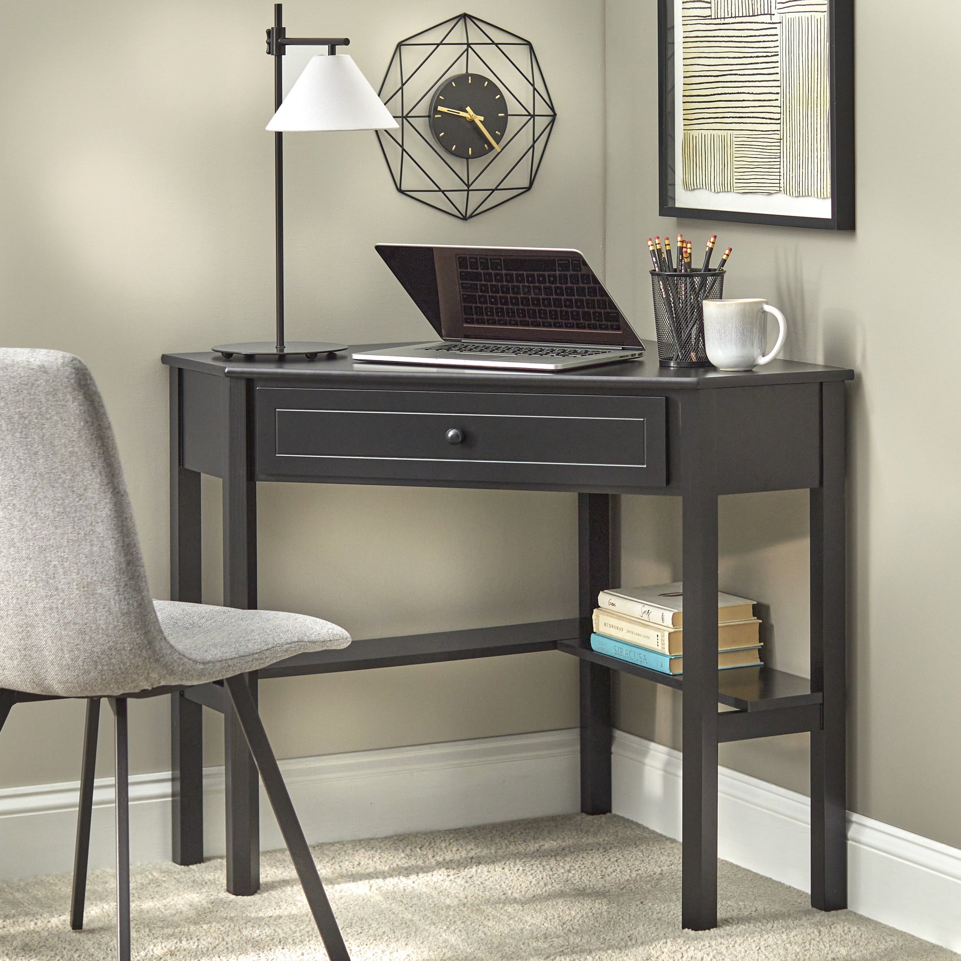 Corner Writing Desk with Pull-Out Drawer and Shelf in Black Finish