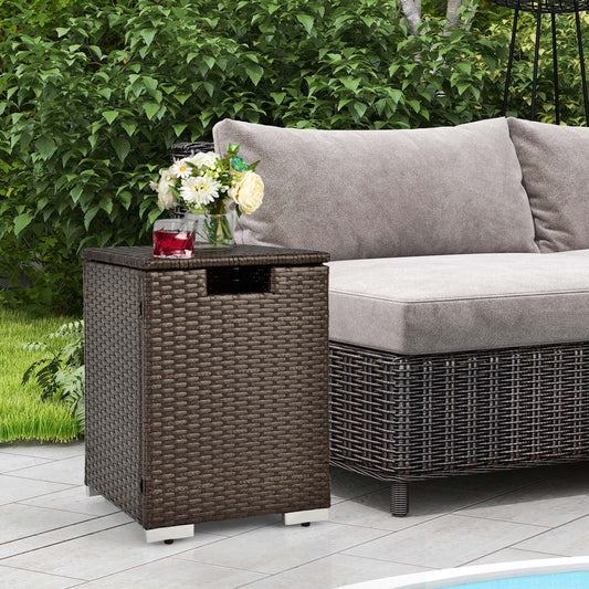 Costway 16'' Rattan Propane Tank Cover Hideaway Side Table 20 lbs Propane Gas Holder Brown