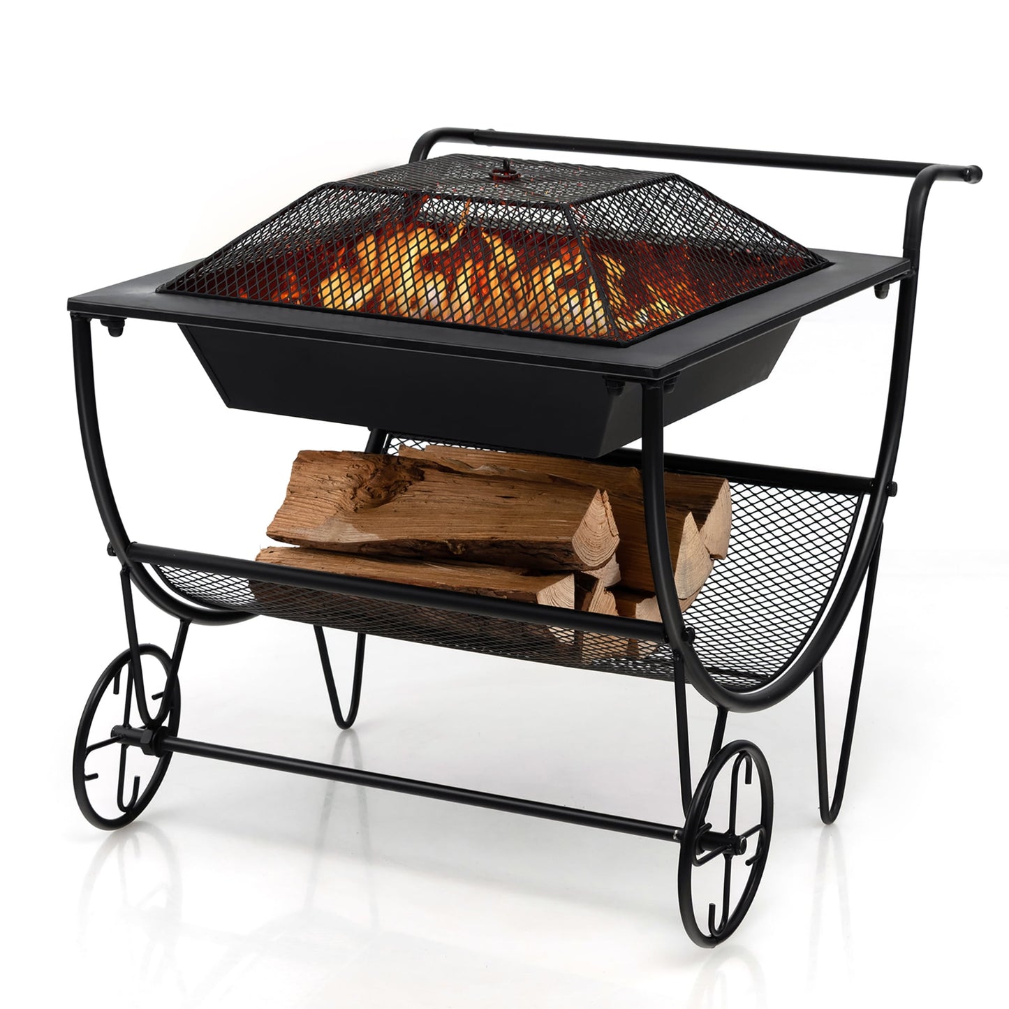 Costway Outdoor Wood Burning Fire pit Steel Patio Stove w/ Log Storage Rack & Wheels