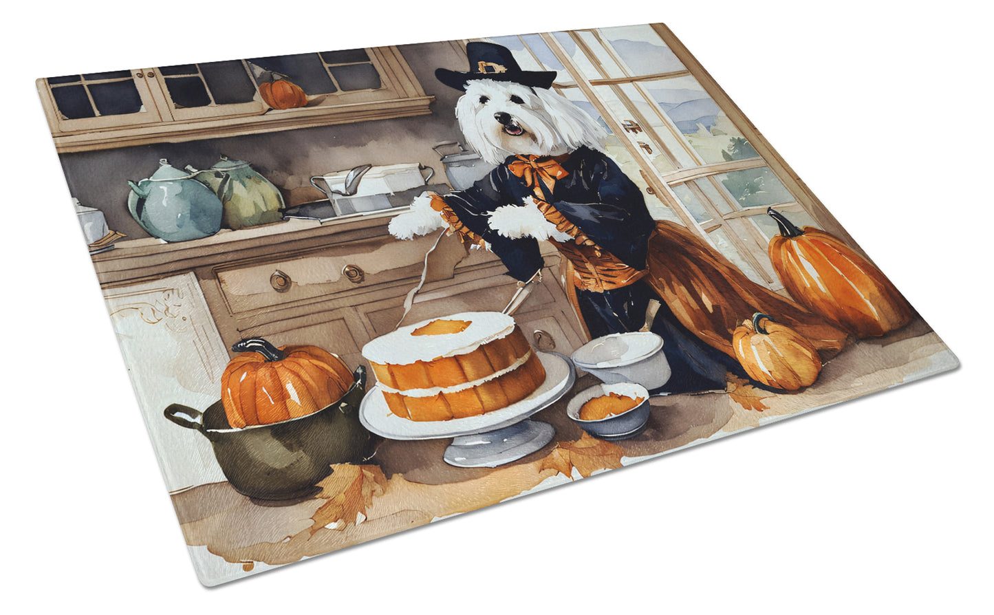 Coton De Tulear Fall Kitchen Pumpkins Glass Cutting Board Large 12 in x 15 in