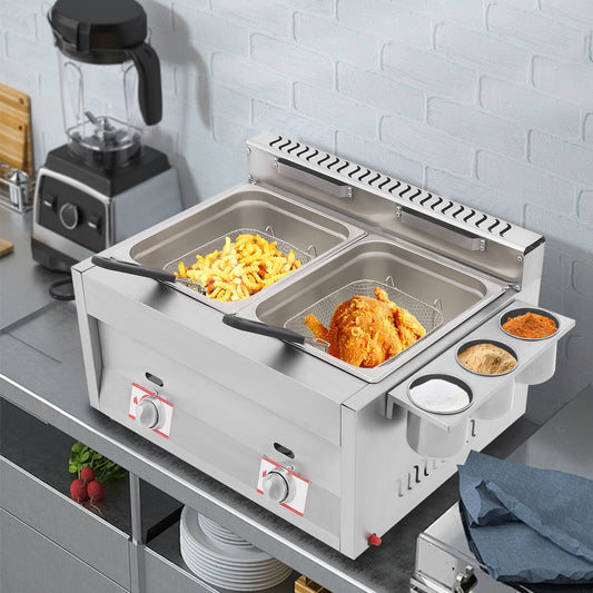 Countertop Gas Fryer Commercial Deep Fryer 2 Basket LPG Stainless Steel