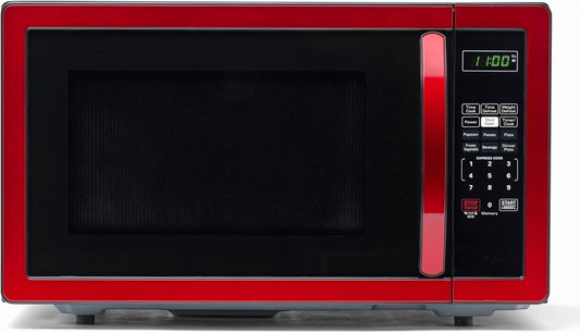 Countertop Microwave 1000 Watts, 1.1 cu ft - Microwave Oven With LED Lighting and Child Lock - Perfect for Apartments and Dorms - Easy Clean Metallic Red