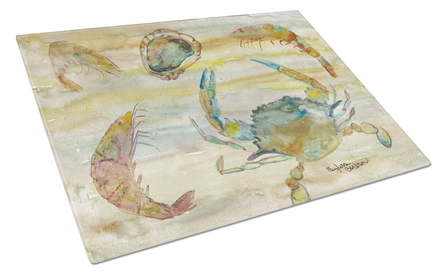 Crab, Shrimp, Oyster Yellow Sky Glass Cutting Board Large